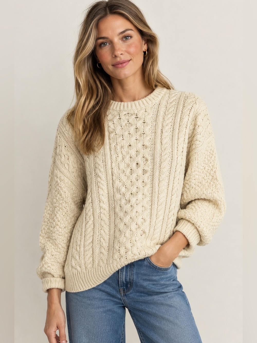 Vintage Fisherman Cable Knit Wool Sweater Cream Aran Chunky Knit Pullover size M